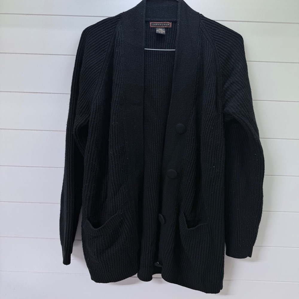 Yarnworks Womens Black Ribbed Knit Cardigan Button Front Pocket Sweater Size M/L